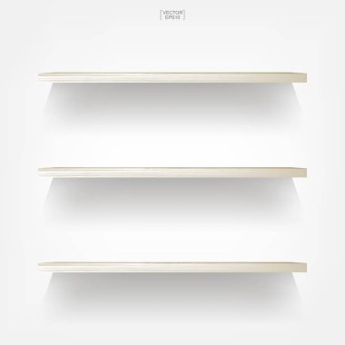 Yumuşak gölge beyaz zemin üzerine boş ahşap raf. 3D boş ahşap raflar üzerinde beyaz duvar. Vektör çizim.