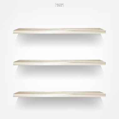 Yumuşak gölge beyaz zemin üzerine boş ahşap raf. 3D boş ahşap raflar üzerinde beyaz duvar. Vektör çizim.