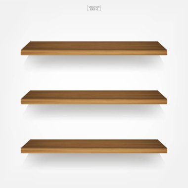 Yumuşak gölge beyaz zemin üzerine boş ahşap raf. 3D boş ahşap raflar üzerinde beyaz duvar. Vektör çizim.
