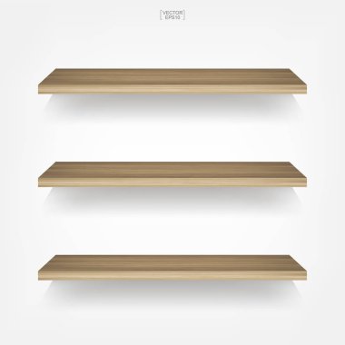 Yumuşak gölge beyaz zemin üzerine boş ahşap raf. 3D boş ahşap raflar üzerinde beyaz duvar. Vektör çizim.