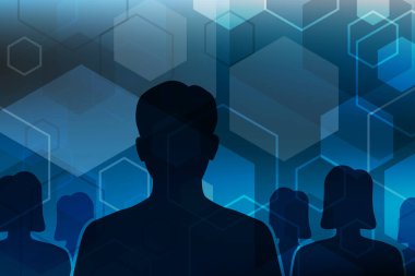 Mavi soyut teknolojik altyapı ile insan sembolü. Vektör çizim.