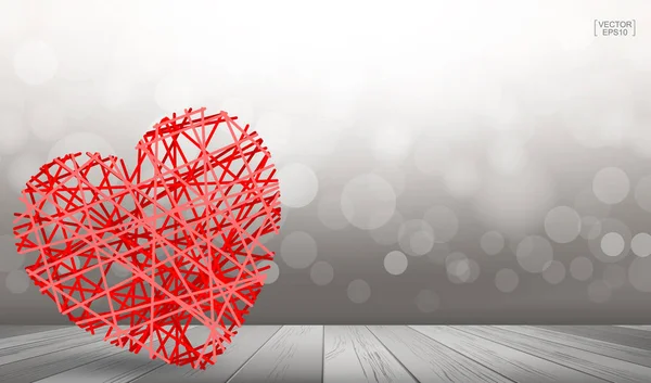 Soyut Kırmızı kalp ile ışık ahşap zemin dokusu üzerinde yüzen bokeh arka plan bulanık. Vektör çizim.