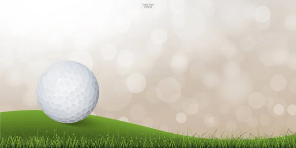 Golf ball on green hill of golf court with light blurred bokeh background. Vector illustration.