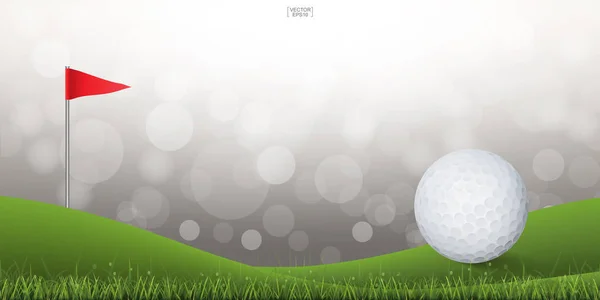 Golf ball on green hill of golf court with light blurred bokeh background. Vector illustration.