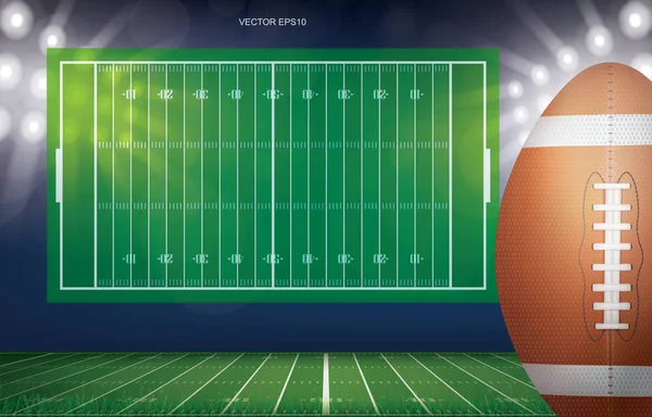 Futbol sahası arka planında futbol topu. Amerikan futbol sahasının perspektif çizgisi desenli. Vektör illüstrasyonu.