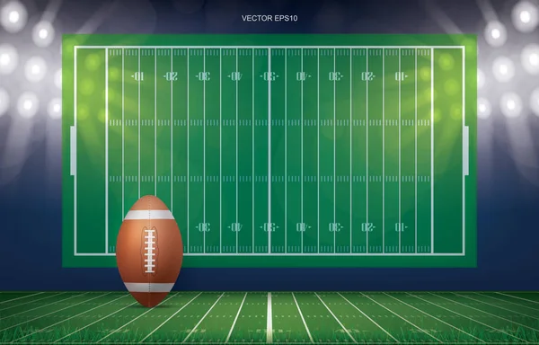 Football ball on football field stadium background. With perspective line pattern of american football field. Vector illustration.