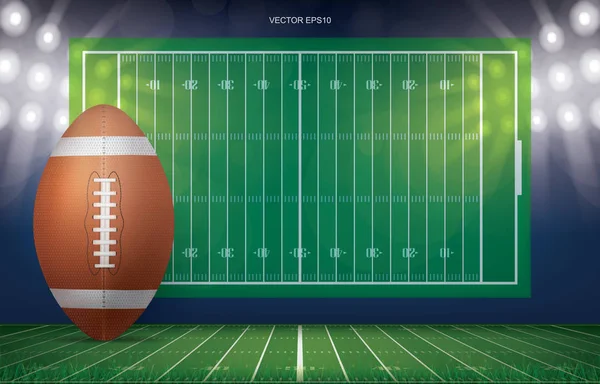 Futbol sahası arka planında futbol topu. Amerikan futbol sahasının perspektif çizgisi desenli. Vektör illüstrasyonu.