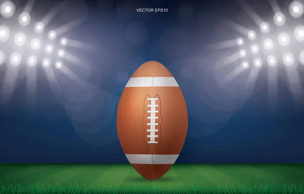 Football ball on football field stadium background. With perspective line pattern of american football field. Vector illustration.