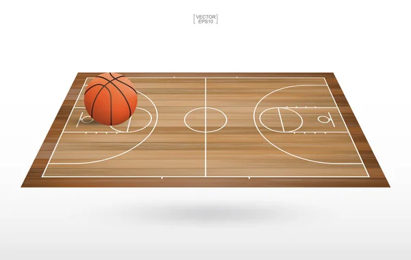 篮球场上有木地板图案和质地的篮球 背景的篮球场透视图 矢量插图 — 图库矢量图片