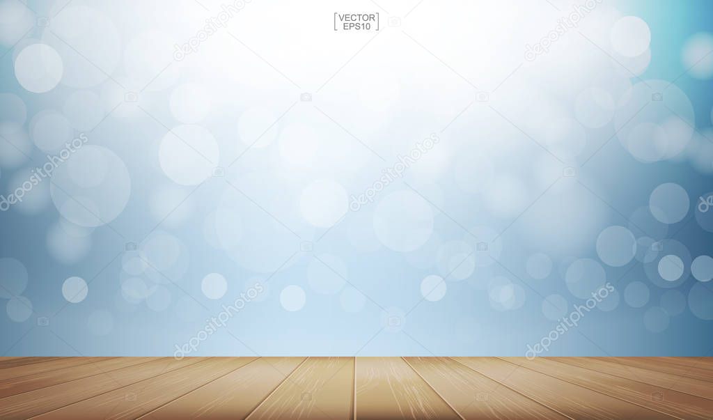 Wooden deck or wooden terrace with light blurred bokeh background used for montage or display product. Outdoor background with perspective wood pattern and texture. Vector illustration.