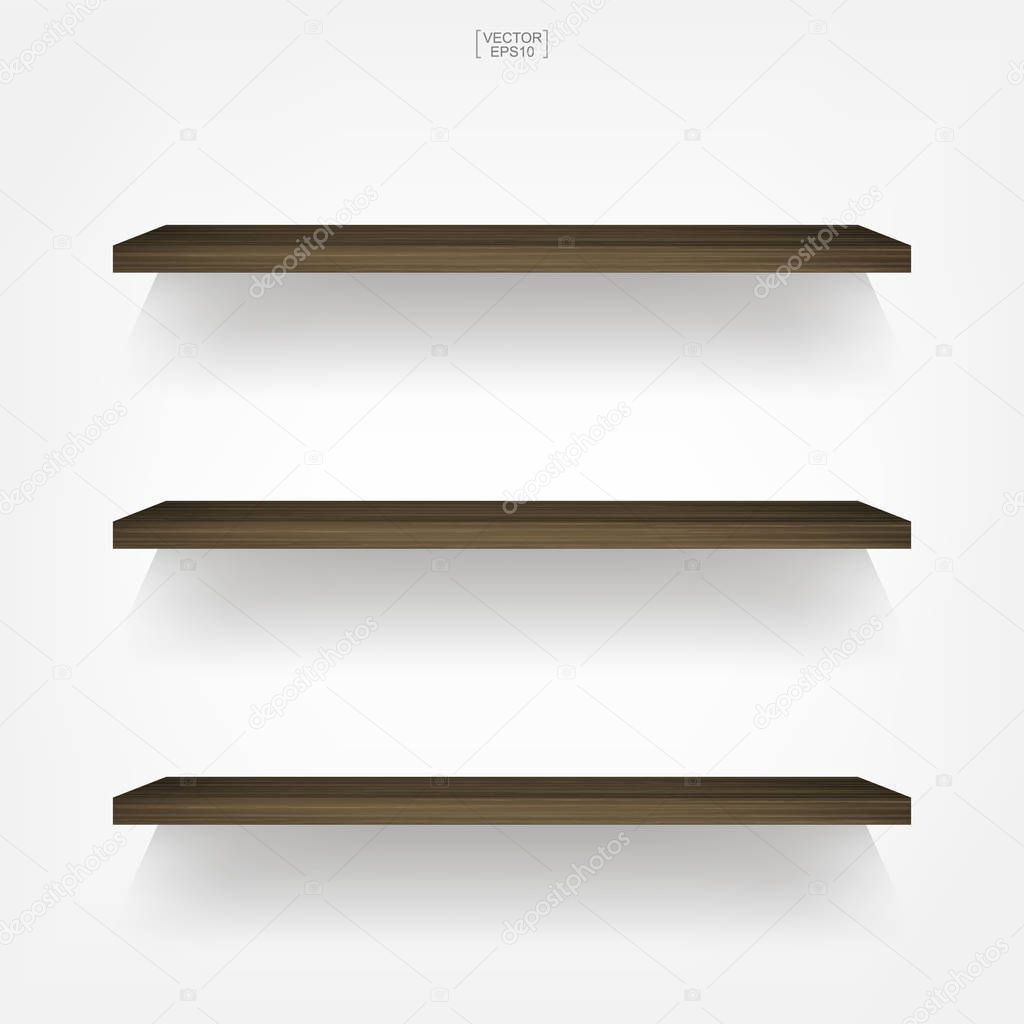 Empty wood shelf on white background with soft shadow. 3D empty wooden shelves on white wall. Vector illustration.