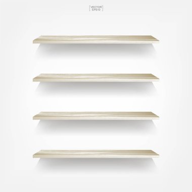 Yumuşak gölge beyaz zemin üzerine boş ahşap raf. 3D boş ahşap raflar üzerinde beyaz duvar. Vektör çizim.