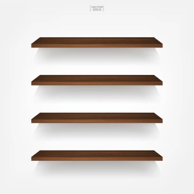 Yumuşak gölge beyaz zemin üzerine boş ahşap raf. 3D boş ahşap raflar üzerinde beyaz duvar. Vektör çizim.
