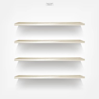 Yumuşak gölge beyaz zemin üzerine boş ahşap raf. 3D boş ahşap raflar üzerinde beyaz duvar. Vektör çizim.