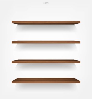 Yumuşak gölge beyaz zemin üzerine boş ahşap raf. 3D boş ahşap raflar üzerinde beyaz duvar. Vektör çizim.