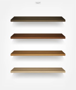 Yumuşak gölge beyaz zemin üzerine boş ahşap raf. 3D boş ahşap raflar üzerinde beyaz duvar. Vektör çizim.