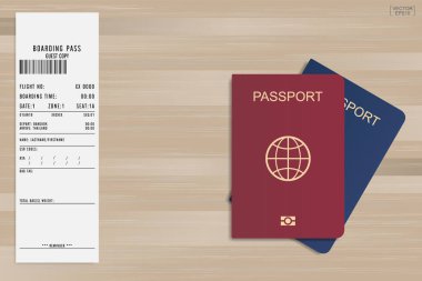 Ahşap arka planda pasaport ve bilet. Vektör illüstrasyonu.