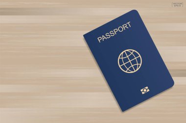 Ahşap arka plan mavi pasaportla. Vektör çizim.
