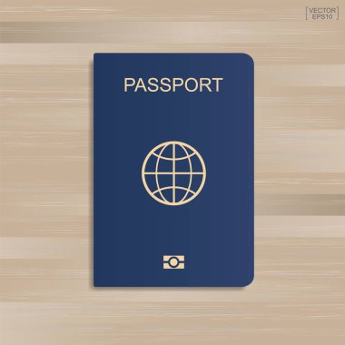 Ahşap arka plan mavi pasaportla. Vektör çizim.