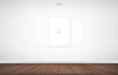 Boş fotoğraf çerçevesi veya resim çerçeve arka planda oda yer alan beyaz duvar arka plan ve ahşap zemin ile. Oda Tasarım ve dekorasyon için vektör fikir.