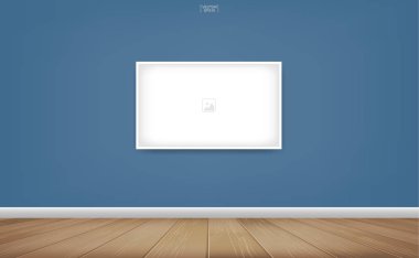 Boş fotoğraf çerçevesi veya resim çerçeve arka planda oda yer alan mavi duvar arka plan ve ahşap zemin ile. Oda Tasarım ve dekorasyon için vektör fikir.