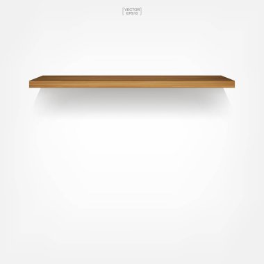 Yumuşak gölge beyaz zemin üzerine boş ahşap raf. 3D boş ahşap raflar üzerinde beyaz duvar. Vektör çizim.