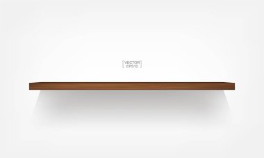 Yumuşak gölge beyaz zemin üzerine boş ahşap raf. 3D boş ahşap raflar üzerinde beyaz duvar. Vektör çizim.