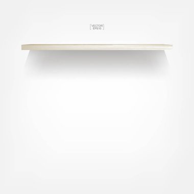 Yumuşak gölge beyaz zemin üzerine boş ahşap raf. 3D boş ahşap raflar üzerinde beyaz duvar. Vektör çizim.