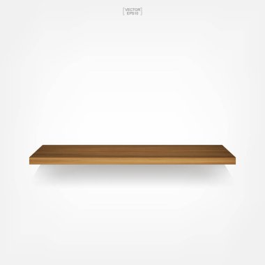 Yumuşak gölge beyaz zemin üzerine boş ahşap raf. 3D boş ahşap raflar üzerinde beyaz duvar. Vektör çizim.