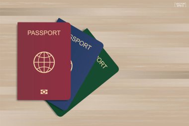 Ahşap arka plan pasaportla kümesi. Vektör çizim.