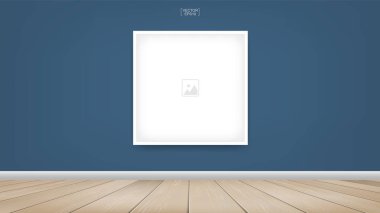 Boş fotoğraf çerçevesi veya resim çerçeve arka planda oda yer alan mavi duvar arka plan ve ahşap zemin ile. Oda Tasarım ve dekorasyon için vektör fikir.