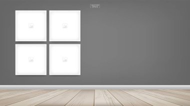 Boş fotoğraf çerçevesi veya resim çerçeve arka planda gri duvar arka plan ve ahşap zemin ile oda yer alan. Oda Tasarım ve dekorasyon için vektör fikir.