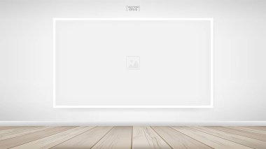 Beyaz beton arka plan ve ahşap zemin ile oda alanı alanında boş fotoğraf çerçevesi veya çerçeve arka planı. Vektör illüstrasyonu.