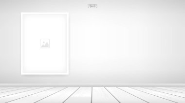 Boş fotoğraf çerçevesi veya resim çerçeve arka planda oda yer alan beyaz duvar arka plan ve ahşap zemin ile. Oda Tasarım ve dekorasyon için vektör fikir.