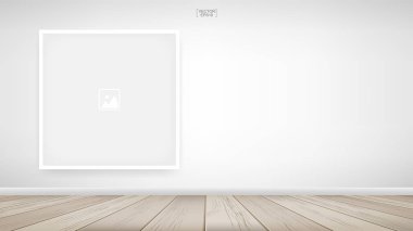 Beyaz beton arka plan ve ahşap zemin ile oda alanı alanında boş fotoğraf çerçevesi veya çerçeve arka planı. Vektör illüstrasyonu.