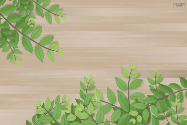 树枝的绿叶在褐色的木材纹理背景 矢量插图 — 图库矢量图片