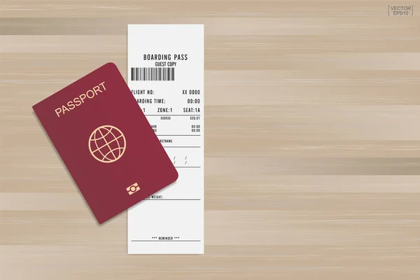 Passeport Billet Embarquement Sur Fond Bois Illustration Vectorielle — Image vectorielle