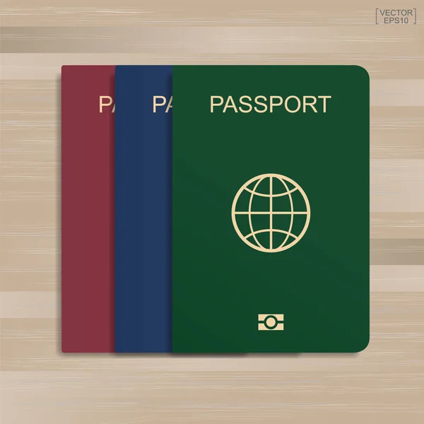 Conjunto Pasaporte Sobre Patrón Madera Fondo Textura Ilustración Vectorial — Vector de stock