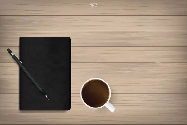 木材の背景に黒いカバー質感とコーヒー カップとノート ベクトル図 — ストックベクタ