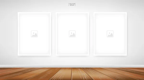 带有白色混凝土墙背景和木制地板的房间空间区域的空相框或相框背景 矢量说明 — 图库矢量图片
