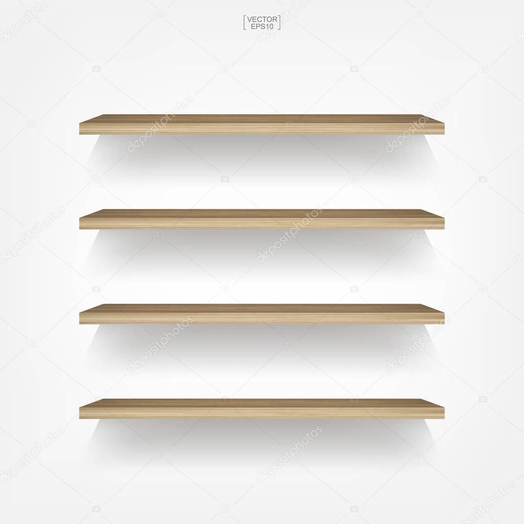 Empty wood shelf on white background with soft shadow. 3D empty wooden shelves on white wall. Vector illustration.