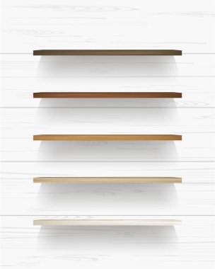 Ahşap raf yumuşak gölge beyaz duvar zemin üzerine. Vektör çizim.