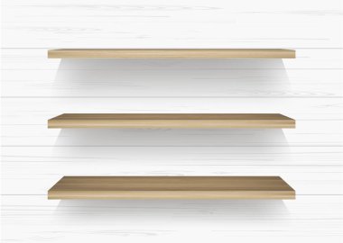 Ahşap raf yumuşak gölge beyaz duvar zemin üzerine. Vektör çizim.