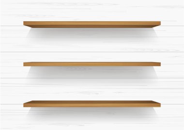 Ahşap raf yumuşak gölge beyaz duvar zemin üzerine. Vektör çizim.