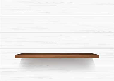 Ahşap raf yumuşak gölge beyaz duvar zemin üzerine. Vektör çizim.