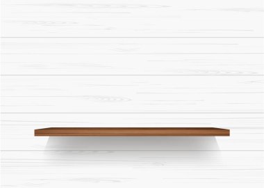 Ahşap raf yumuşak gölge beyaz duvar zemin üzerine. Vektör çizim.