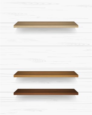 Ahşap raf yumuşak gölge beyaz duvar zemin üzerine. Vektör çizim.