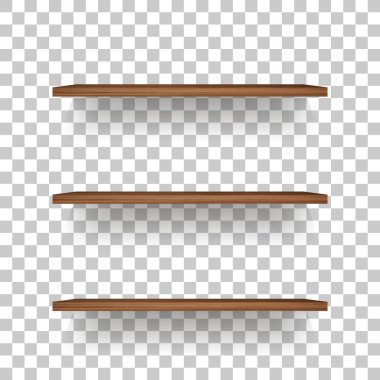 Şeffaf arka plan ile yumuşak gölge ahşap rafta. 3D boş ahşap raflar. Vektör çizim.