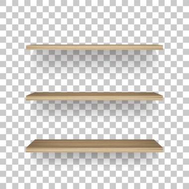 Şeffaf arka plan ile yumuşak gölge ahşap rafta. 3D boş ahşap raflar. Vektör çizim.