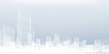 Soyut kablo şeması şehir arka planı. Kablo çerçevesinin 3 boyutlu perspektifi. Vektör illüstrasyonu.